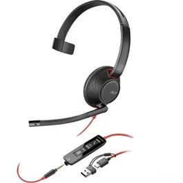 Poly Auricular Monoaural Blackwire 5210 con Micrófono, Jack 3.5mm + Adaptador USB-C/A para Escritorio, Bulk, Negros - 8X230A6